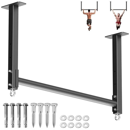 Ceiling Mounted Pull Up Bar, Heavy Duty 700 LBS Multi Grip Pull Up Bars, 16"/24" Rafter Chin Up Bar, Ceiling Joist for Garage/Gym/Basement with Comfortable Grip & Round Anchors, Easy to Install - color: Black