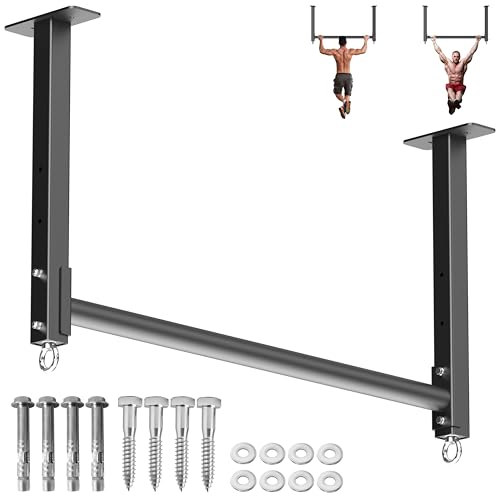 Ceiling Mounted Pull Up Bar, Heavy Duty 700 LBS Multi Grip Pull Up Bars, 16"/24" Rafter Chin Up Bar, Ceiling Joist for Garage/Gym/Basement with Comfortable Grip & Round Anchors, Easy to Install - color: Black
