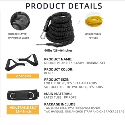Resistance Speed Training Set, 8pcs Exercise Explosive Force Bounce Physical Equipment Double Rope Improve Agility Power Strength for Jumping Basketball Tennis Football Volleyball - color: Black-6.6ft