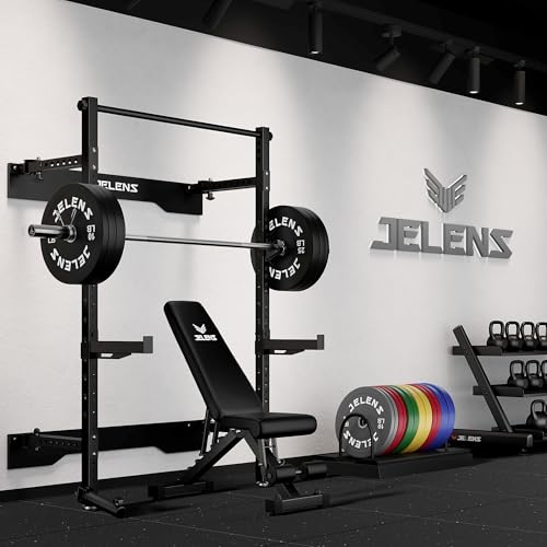 JELENS SF01 Folding Squat Rack, Wall Mounted Power Rack for Home Gym, Space Saving Multi-Functional Power Cage with More Attachments