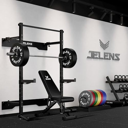 JELENS SF01 Folding Squat Rack, Wall Mounted Power Rack for Home Gym, Space Saving Multi-Functional Power Cage with More Attachments