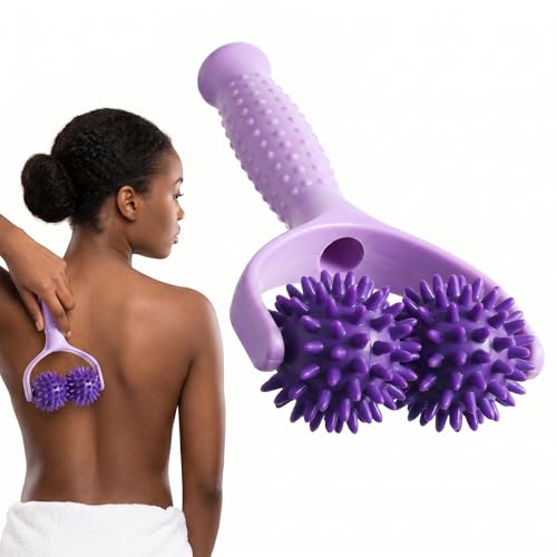 Spiky Massage Balls Rollers with Dual Ball Design, Manual Massage Stick with Ergonomic Handle, Lightweight and Portable Point Muscle Massages Tool Pain Relief for Back Neck Shoulder Leg - color: Purple