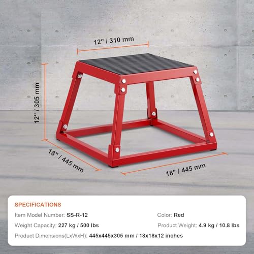 Plyometric Jump Box 12 Inch - Steel Plyo Box for Fitness, Agility Training - Step Up Platform for Home Gym - Strength Conditioning - Red