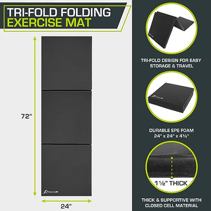 ProsourceFit Tri-Fold Folding Thick Exercise Mat 6’x2’ with Carrying Handles for MMA, Gymnastics, Stretching, Core Workouts
