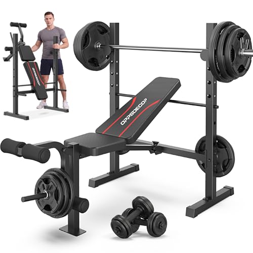 OPPSDECOR Weight Bench Set, Multi-Function Adjustable Bench Press with Squat Rack Leg Extension & Leg Curl Workout Bench Foldable Workout Bench Flat/Incline/Decline Upgrade Weight Benches for Home Gym