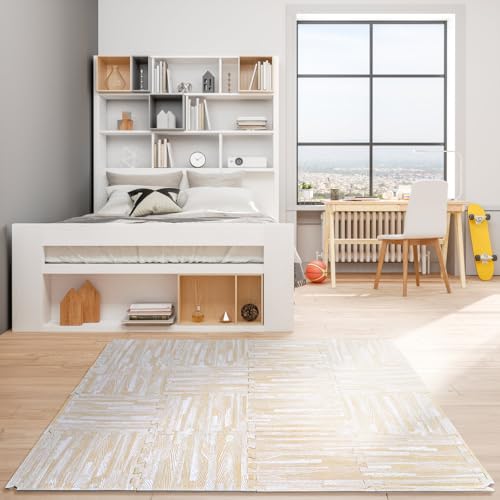 Tebery 16 Pieces Printed Wood Grain Floor Tiles 3/8-Inch Thick EVA Foam Puzzle Floor Mat