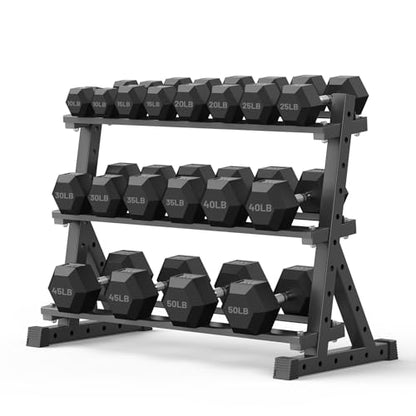 PAPABABE Hex Dumbbell Set with Rack, Rubber Encased Free Weight with Weight Storage Racks, Multiple Weight Options for Home Gym and Fitness