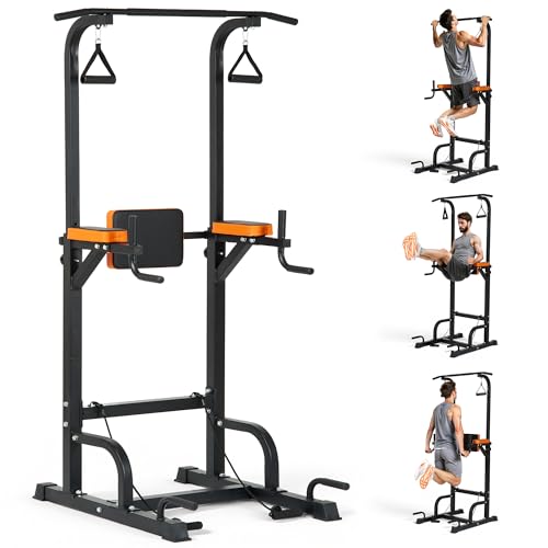 Power Tower Pull Up Bar,Pull Up Bar Station, 6-Level Adjustable Pull Up Dip Station for Home Gym, 450 Lbs Weight Capacity, Strength Training Fitness Workout Equipment with Power Elastic Ropes