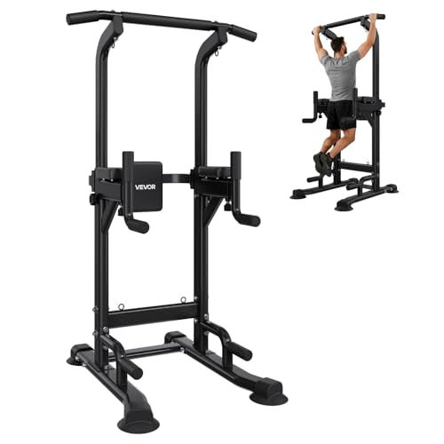 VEVOR Pull Up Bar, 330 LBS Power Tower Dip Station, Workout Dip Station with H-Shaped Stable Base & Back Pad, Adjustable 12 Level Height Free Standing Chin Up Bar for Back, 4-Level Adjustable Back Pad