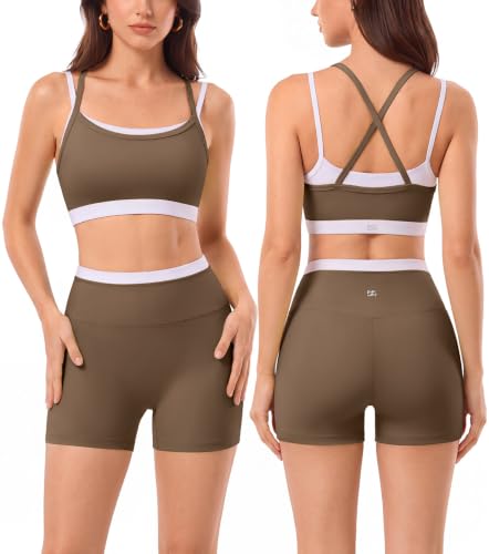 2 Pieces Workout Sets for Women,Seamless Athletic Short with Double Layer Sports Bra,Gym Matching Outfits - color: Brn025, size: Large