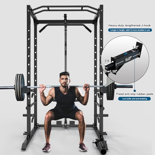Power Cage, Multi-Functional Power Rack with J-Hooks, Dip Handles, Landmine Attachment and Optional Cable Pulley System for Home Gym - size: 240LB Weights Package black+Flat Bench