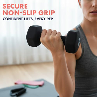 SQUATZ Dumbbell Weights Set with Stand, 32lbs Neoprene Coated Weights in Color Gray, Black, and Orange, Hex Shape Anti Slip and Roll Dumbbells for Exercise, Training, Fitness, Yoga