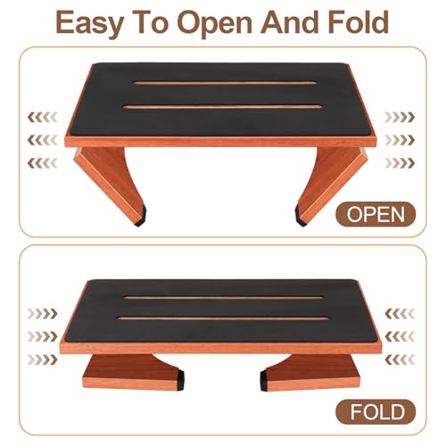Step Stool Foldable, Wooden Step Stool with Non-Slip Rubber Stepping Platform, Folding Step Stools for Adults Seniors in Bedroom, Kitchen Bathroom, RV, Bed Steps for High Beds, No Assemble (Brown)