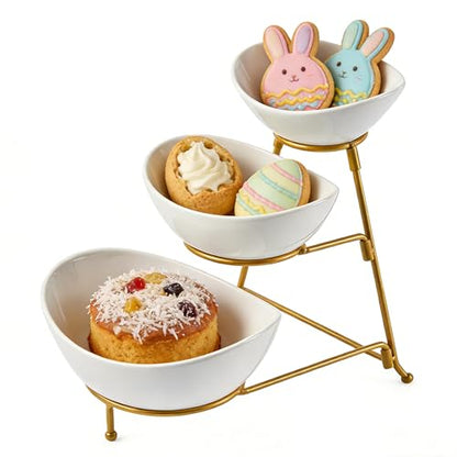 LYEOBOH 3 Tier Serving Bowls Set, Porcelain Oval Bowls with Stand for Party - color: Gold, style: Oval bowls