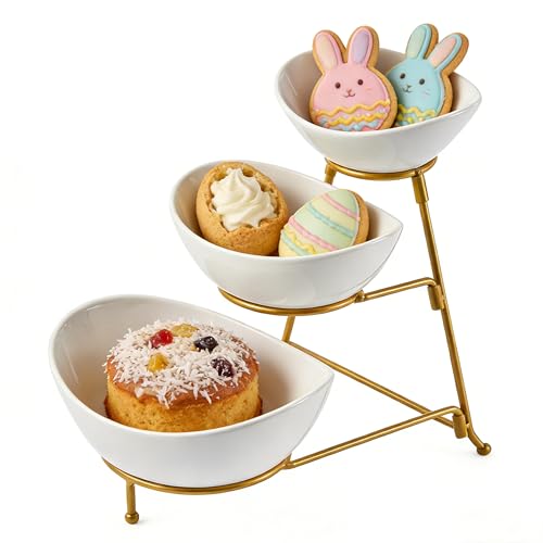 LYEOBOH 3 Tier Serving Bowls Set, Porcelain Oval Bowls with Stand for Party - color: Gold, style: Oval bowls