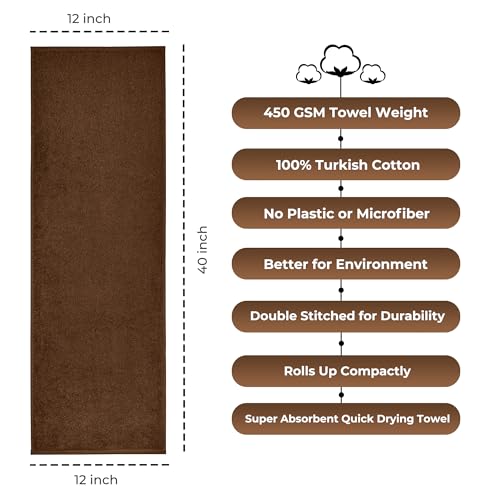 NUKURA 12” x 40” Gym Sweat Towel, 450 GSM, 100% Cotton, High Absorbency, Extra Soft & Quick Dry Workout, Yoga, Pickleball, Padel, Fitness Towel – Chocolate Brown