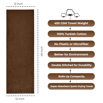 NUKURA 12” x 40” Gym Sweat Towel, 450 GSM, 100% Cotton, High Absorbency, Extra Soft & Quick Dry Workout, Yoga, Pickleball, Padel, Fitness Towel – Chocolate Brown