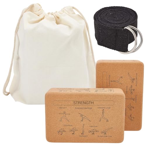 INFUNLY 2 Pack Cork Yoga Blocks Yoga Poses Teaching Cork Block 8.9x5.9x2.95 Inch Set with 8 Ft Strap and Canvas Bag Non Slip Fitness Blocks for Pilates General Fitness Stretching