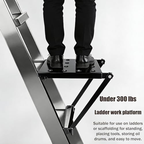 Foldable Ladder Platform, 300lbs Capacity Non-Slip Stable Work Tray Attachment Metal Ladder Step Levelers Platform Extension for Painters, Tools & DIY (Black)