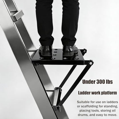 Foldable Ladder Platform, 300lbs Capacity Non-Slip Stable Work Tray Attachment Metal Ladder Step Levelers Platform Extension for Painters, Tools & DIY (Black)