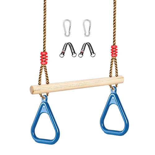 LadyRosian Wooden Trapeze Swing Bar, Adjustable Height Swing Set, Gym Rings, Playground Attachments, 16.5" Monkey Bar for Backyard, Playground, Playroom (Blue) - color: Blue
