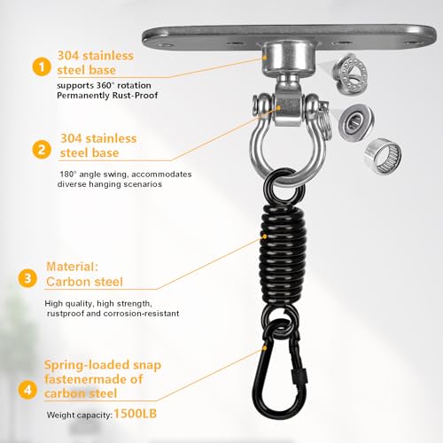 4-Hole Heavy Bag Hanger with 360° Rotation Wall/Ceiling Wood Beam Mount for Aerial Yoga Swing, Hammock, Resistance Band & Body Weight Strength Training Systems - size: With a spring