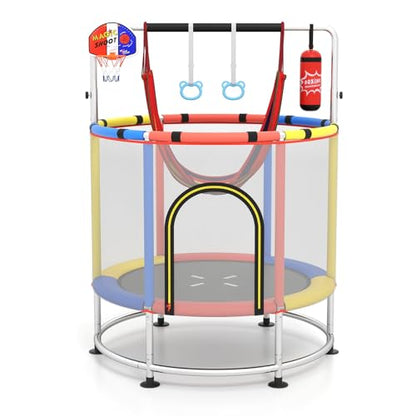 GYMAX 55" Trampoline for Kids, 440LBS 6 in 1 Toddler Rebounder with Swing, Basketball Hoop, Punching Bag, Rings & Bar, No-Gap Jumping Mat Mini Indoor Outdoor Trampoline - color: Red-Navy-Yellow