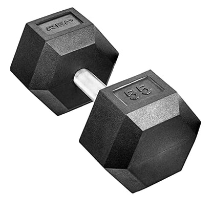 Rep Fitness Rubber Hex Dumbbell(s) - Singles (55LB +) and Pairs (5LB - 50LB) - Low Odor, Fully Knurled Handle - style: 55 LB SINGLE DB