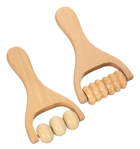 2 Pcs Wooden Massage Roller Handheld Bead Massage Tool for Muscle Relief, Body Care Manual Tool for Neck Back Leg Foot, Handheld 3 Bead Gear Roller for Home Gym Travel