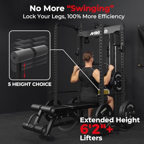 Mikolo F4 2.0 Power Cage with Dual-Track Smooth Pulley System, 1200LBS Power Rack with Leg Hold-Down for Heavy LAT Pulldowns - color: Black, size: F4 2.0 (with Bench＆Bar＆230LB CP）