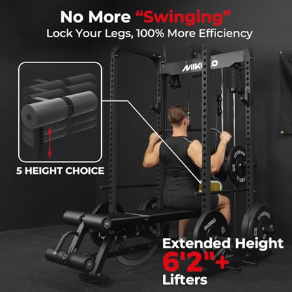 Mikolo F4 2.0 Power Cage with Dual-Track Smooth Pulley System, 1200LBS Power Rack with Leg Hold-Down for Heavy LAT Pulldowns - color: Black, size: F4 2.0 (with Bench＆Bar＆230LB CP）