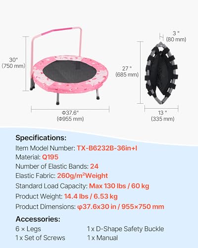 VEVOR 36" Kids Trampoline, 3FT Indoor Outdoor Trampoline, Foldable Mini Trampolines with Handle, Rebounder for Toddlers, Birthday Gift for 3+ Years Children, Boys Girls for Fun, Red