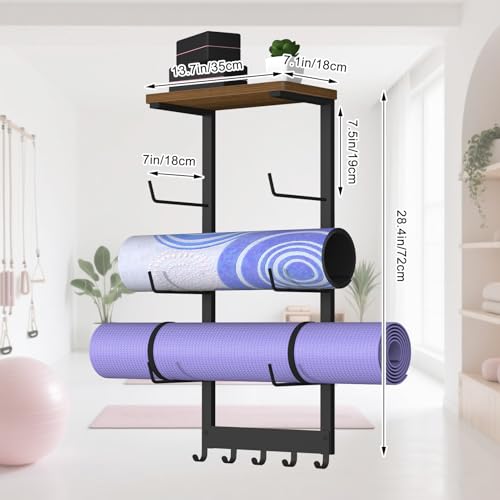 Yoga Mat Holder Wall Mount, Yoga Mats Storage Rack, Home Gym Wall Organizer Holder with Wood Floating Shelf and 5 Hooks, Storage Rack for Hanging Foam Roller/Band/Workout Equipment