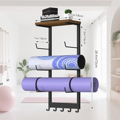 Yoga Mat Holder Wall Mount, Yoga Mats Storage Rack, Home Gym Wall Organizer Holder with Wood Floating Shelf and 5 Hooks, Storage Rack for Hanging Foam Roller/Band/Workout Equipment