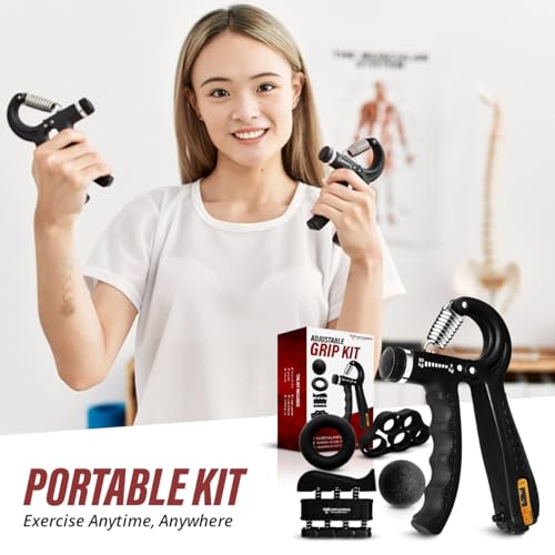 Hand Strength Kit With Finger Exerciser, Stretcher, Forearm Grip Adjustable Gripper, Exercise Ring and Stress Relief Ball for Athletes Muscle Trainer. Black