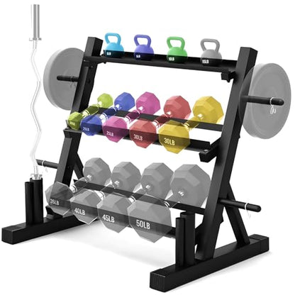 PENSUN Dumbbell Rack – 3 Tier Adjustable Weight Storage Stand with Side Barbell Plate Holder – Multi Purpose Home Gym Organizer for Dumbbells, Kettlebells, Barbell - color: Standard - 1200 LBS