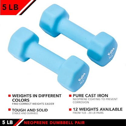 JFIT Dumbbell Pairs or Sets – Neoprene & Vinyl Coated Hand Weights for Home Gym, Strength Training, Aerobics, Cardio Exercise and Fitness - size: 5 lbs (Pair), style: Dumbbell Pair