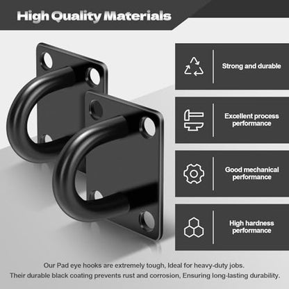 Stainless Steel Heavy Duty Ceiling Hooks 4-Pack, M10 Pad Eye Hook with Snap Hooks, Eye Hooks Heavy Duty Mounting Plate, Swing Hooks for Indoor/Outdoor Use with Screws & Expansion Tubes