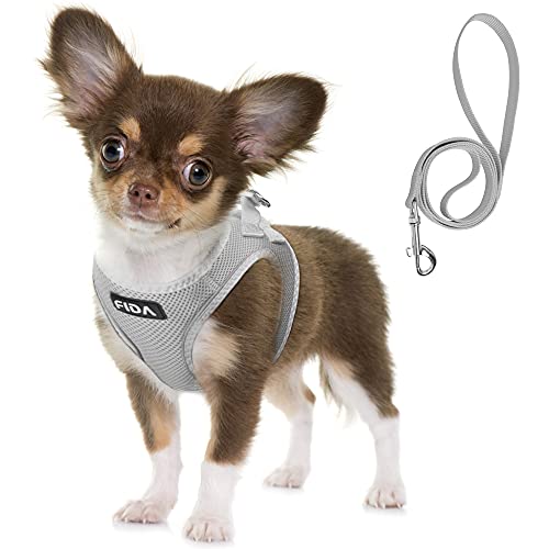 Fida Comfy Dog Harness with Leash, Soft Puppy Vest Escape Proof, Breathable Lightweight Soft Mesh, Adjustable Reflective Step-in Harness for Cat & Extra-Small Pet (XS, Grey) - color: Light Gray, size: XS (Neck:12.2"-13"; Girth:14.2"-16.1")