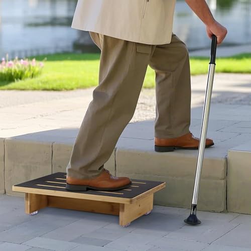 Step Stool for Adults, 3.5" Bed Step for High Beds, Non-Slip Stepping Stool with Load Capacity of 440 lbs, Wooden Step Stool for Seniors, Kids, Bedside, Shower, Kitchen Use, Beech Wood/Black