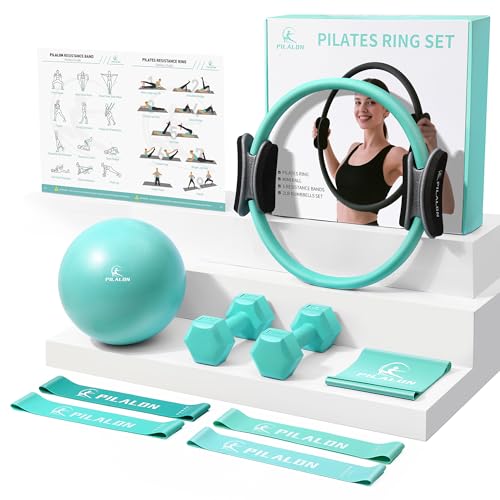 Pilates Ring Set - Studio-Grade Anti-Deformation Pilates Kit - Pilates Equipment for Home Workout - 14'' Pilates Ring, Pilates Ball, 2 Dumbbells, 5 Resistance Bands for Toning Arms, Thighs - color: Cyan Pilates Set