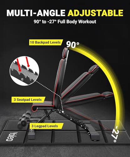 YOLEO Adjustable 660LBS Weight Bench, Foldable Workout Bench with Extended Head/Neck Protection/Spine Support for Bench Press, Fast Folding Design(Gym Mat+660LBS Weight Bench）