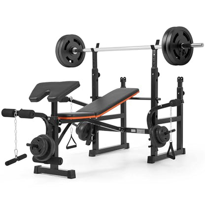 Weight Bench with Squat Rack, Adjustable Workout Bench with Preacher Curl Pad, Leg Extension & Curl, Safety Bar Catches, 600 lbs Capacity All-in-One Strength Training Bench for Home Gym