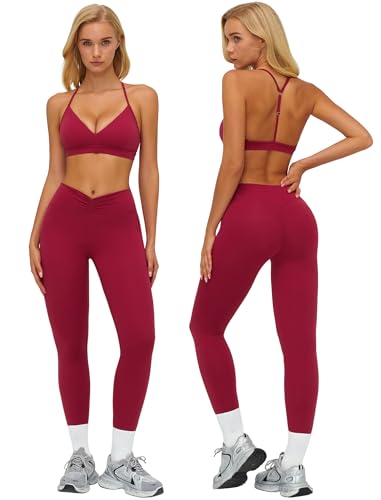 ABOCIW Womens Workout Sets V Neck Y Back Sports Bra Tummy Control High Waist Leggings 2 Piece Gym Yoga Pilates Outfits - color: Cherry Red, size: 4-6