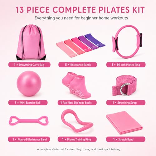 Pilates Kit for Women, 13 Piece Home Workout Starter Set with 14 Inch Ring, Mini Ball, 5 Resistance Bands, Yoga Socks, Stretch Strap and Carry Bag for Core Strength, Toning, Flexibility