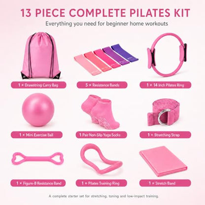 Pilates Kit for Women, 13 Piece Home Workout Starter Set with 14 Inch Ring, Mini Ball, 5 Resistance Bands, Yoga Socks, Stretch Strap and Carry Bag for Core Strength, Toning, Flexibility