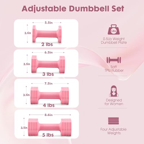 EQUIPRO Adjustable Dumbbell Set, 4 in 1 Free Weights Dumbbells Set for Women, Weights for Women at Home, 2lb 3lb 4lb 5lb with TPU Soft Rubber Handle for Home Gym Exercise Training - color: Pink