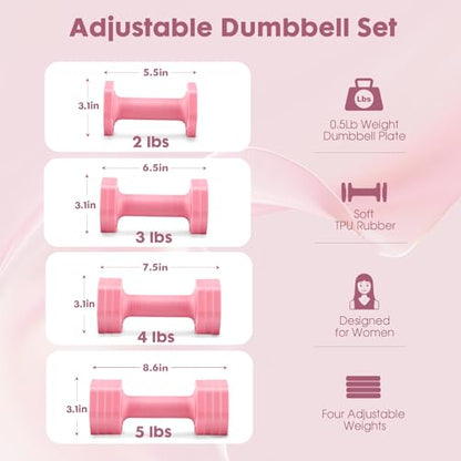 EQUIPRO Adjustable Dumbbell Set, 4 in 1 Free Weights Dumbbells Set for Women, Weights for Women at Home, 2lb 3lb 4lb 5lb with TPU Soft Rubber Handle for Home Gym Exercise Training - color: Pink