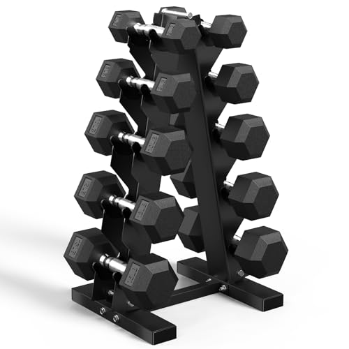 Hex Dumbbell Set with Rack (5lb-230lb), Rubber Encased Cast Iron Free Weights for Total Body Workouts, Easy Storage and Stable Dumbbell Sets for Home Garage Gym
