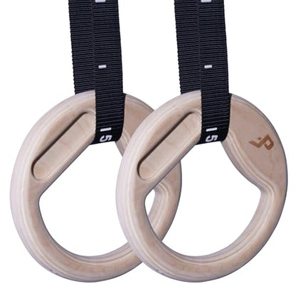Wooden Gymnastic Rings with Built-in Hangboard – 32mm Birch Rings with 6 Grip Options & Numbered 38mm Straps – Calisthenics, Climbing, Bodyweight Training